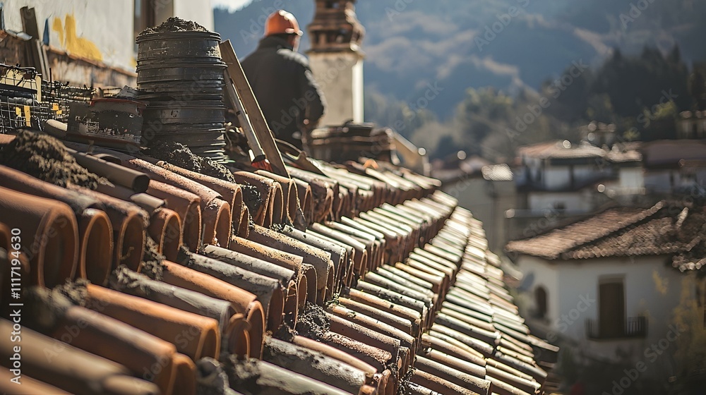 Fototapeta premium Clay roof tiles stacked on a hillside during construction. A worker is visible in the background.
