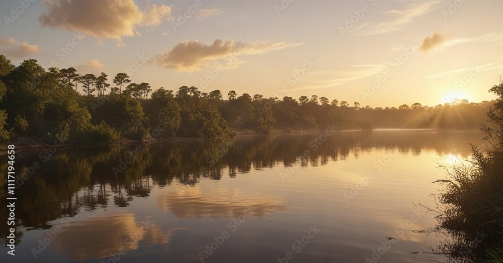 Fototapeta premium Golden light of sunrise illuminating the Apalachicola River, golden light, peaceful landscape