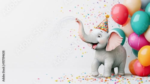 Playful cartoon elephant with party hat sprays confetti near colorful balloons on white background.