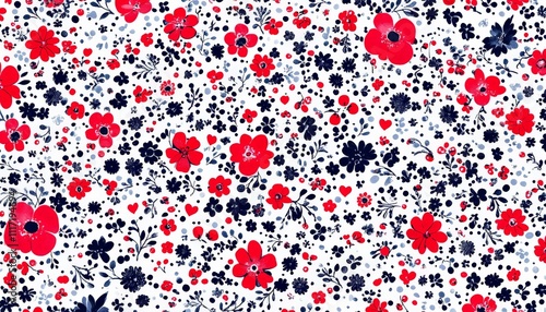 Red and navy blue floral pattern on white background.