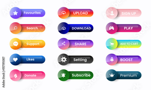web buttons collection in gradient style design. Favourites, Upload, Sign Up, Search, Download, Play, Support, Share, Add to Cart, Likes, Setting, Boost, Donate, Subscribe, premium. full set of elemen