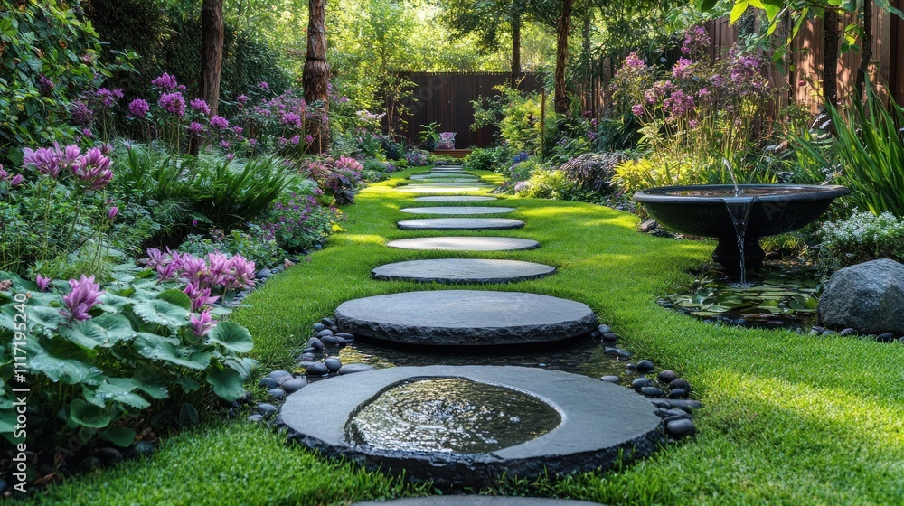 Serene garden path with stepping stones, water feature, and lush purple flowers. Serene garden path with stepping stones, water feature, and lush purple flowers.