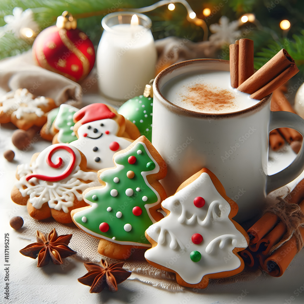Christmas cookies with icing and a mug of milk with cinnamon on white background.