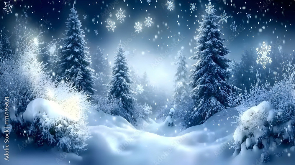 Snowy winter forest scene at night with falling snowflakes. Snowy winter forest scene at night with falling snowflakes.