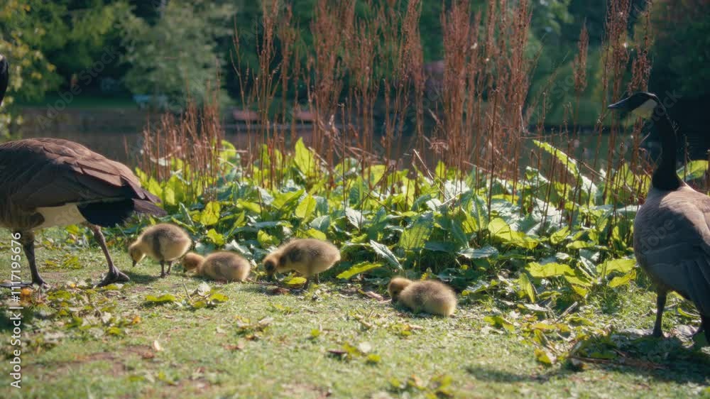 Two geese and their goslings eating grass in a park near a pond Two geese and their goslings eating grass in a park near a pond