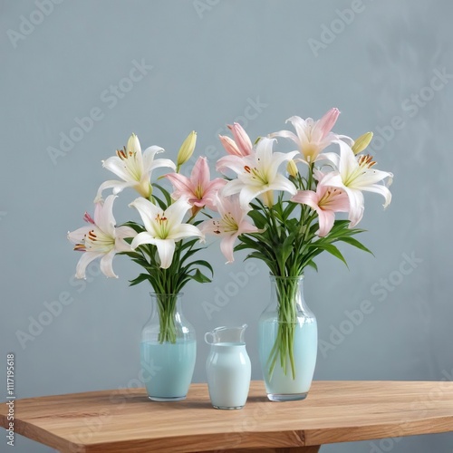 Wallpaper Mural Serene arrangement of white and pink lilies in vases on light wood table, pastel blue wall, white, pink lilies, light wood table Torontodigital.ca