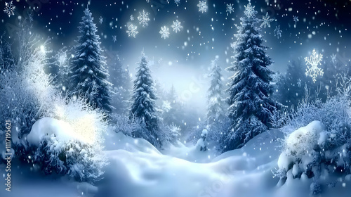 Snowy winter forest scene at night with falling snowflakes.