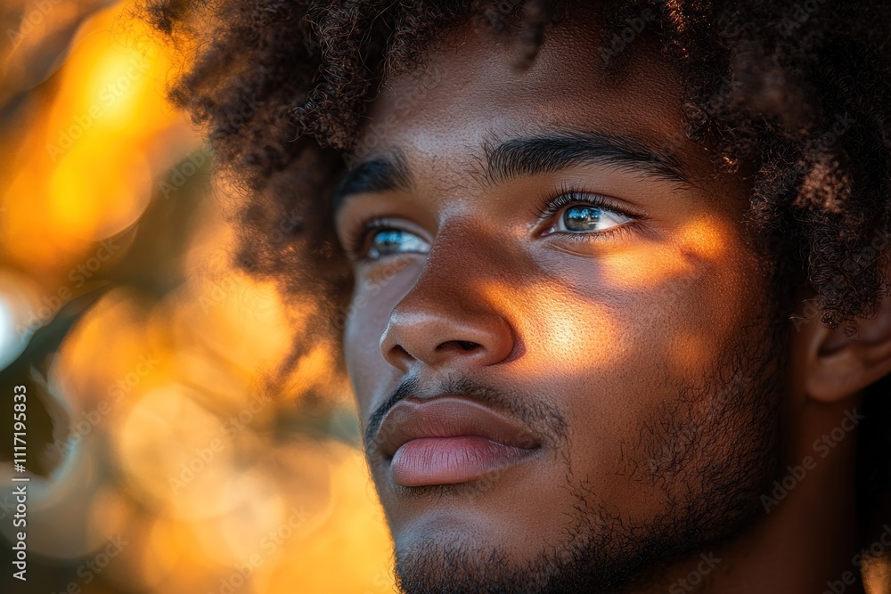 Close-up portrait of a young man with brown skin and blue eyes, looking thoughtfully off into the distance, sunlight illuminating his face. Close-up portrait of a young man with brown skin and blue eyes, looking thoughtfully off into the distance, sunlight illuminating his face.