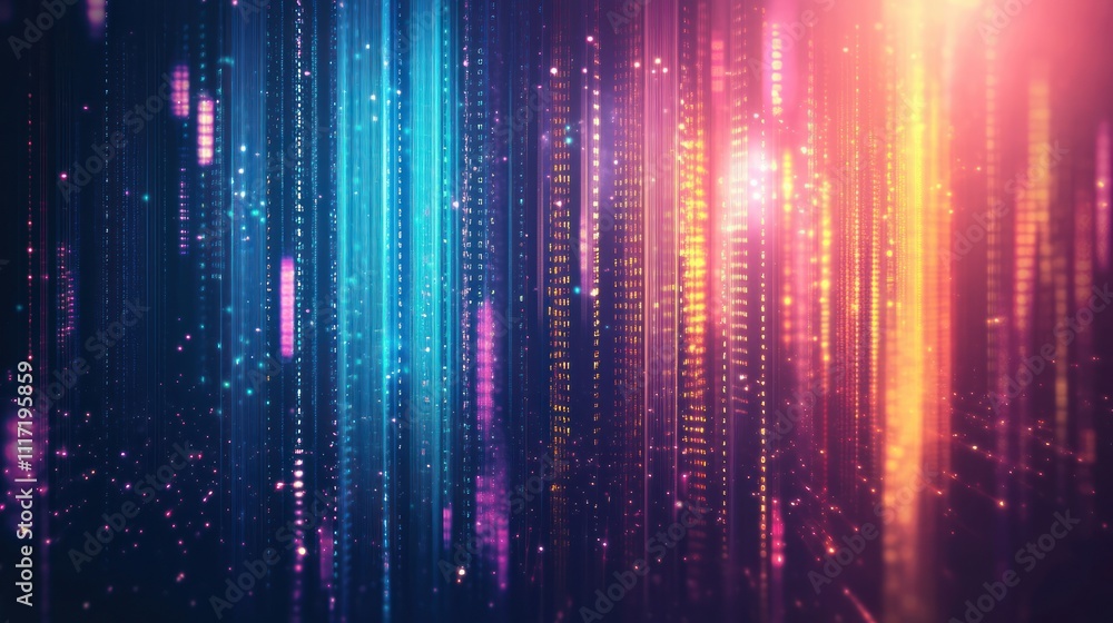 Abstract glowing vertical lines of light and data streams in vibrant pink, blue, and orange hues. Abstract glowing vertical lines of light and data streams in vibrant pink, blue, and orange hues.
