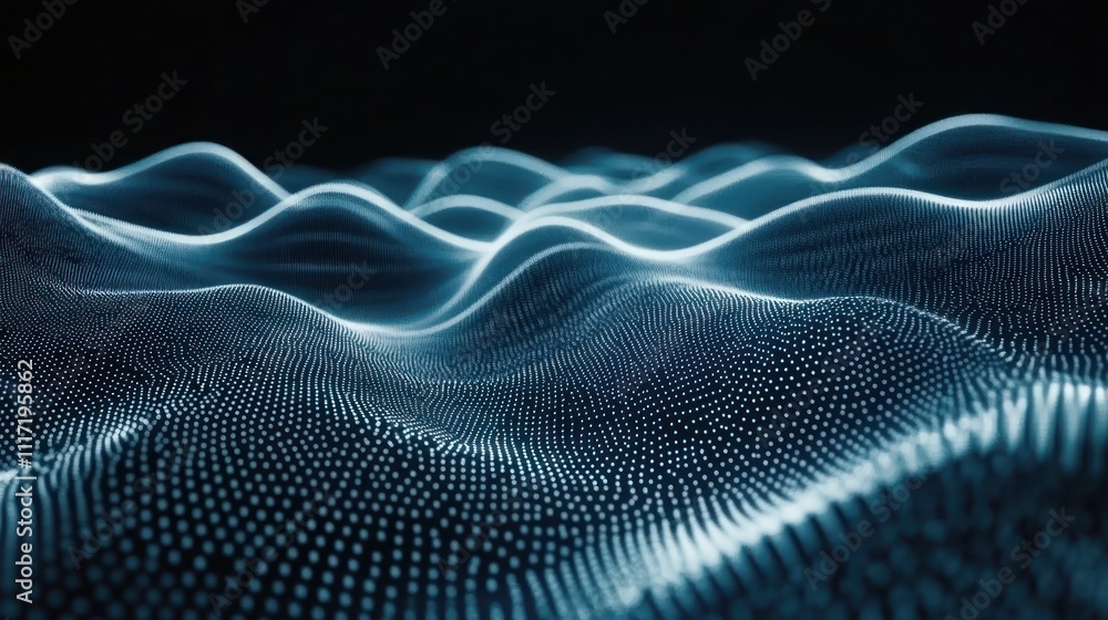 Abstract digital landscape with glowing blue particles forming undulating waves. Abstract digital landscape with glowing blue particles forming undulating waves.