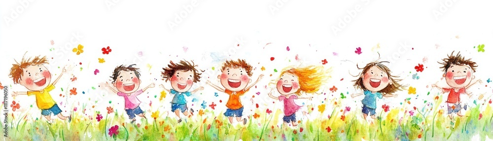 A joyful group of children playing in a field, surrounded by flowers and colorful butterflies. A joyful group of children playing in a field, surrounded by flowers and colorful butterflies.