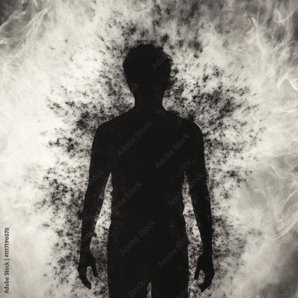 the silhouette of a person, showing their aura and energetical body, which is low in vibration. THe aura is black and grey-ish, diminished and small the silhouette of a person, showing their aura and energetical body, which is low in vibration. THe aura is black and grey-ish, diminished and small