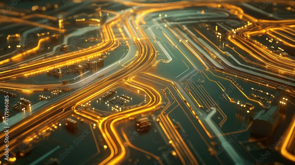 Abstract glowing circuit board with orange lines and dark background. Abstract glowing circuit board with orange lines and dark background.