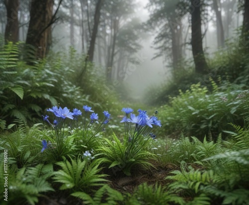 Chicory and centaury flowers growing amidst ferns in a misty forest, chicory, nature photo