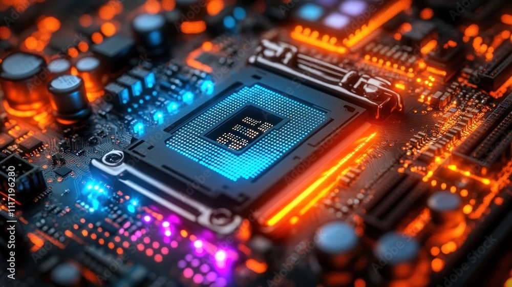 Close-up of a computer motherboard with a glowing CPU. Close-up of a computer motherboard with a glowing CPU.
