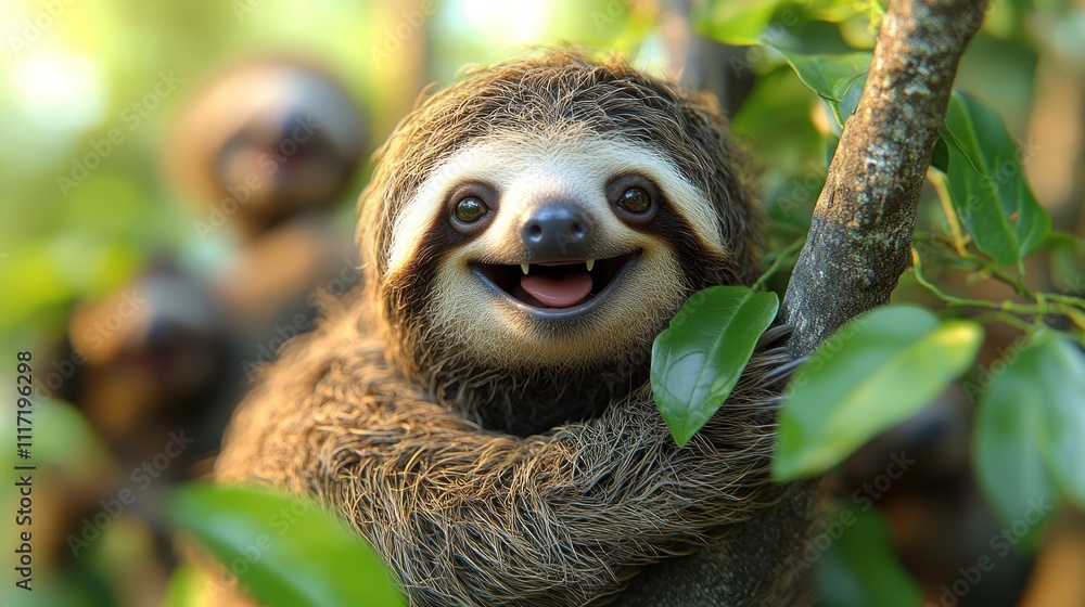 Happy sloth smiling in a tree with other sloths. Happy sloth smiling in a tree with other sloths.