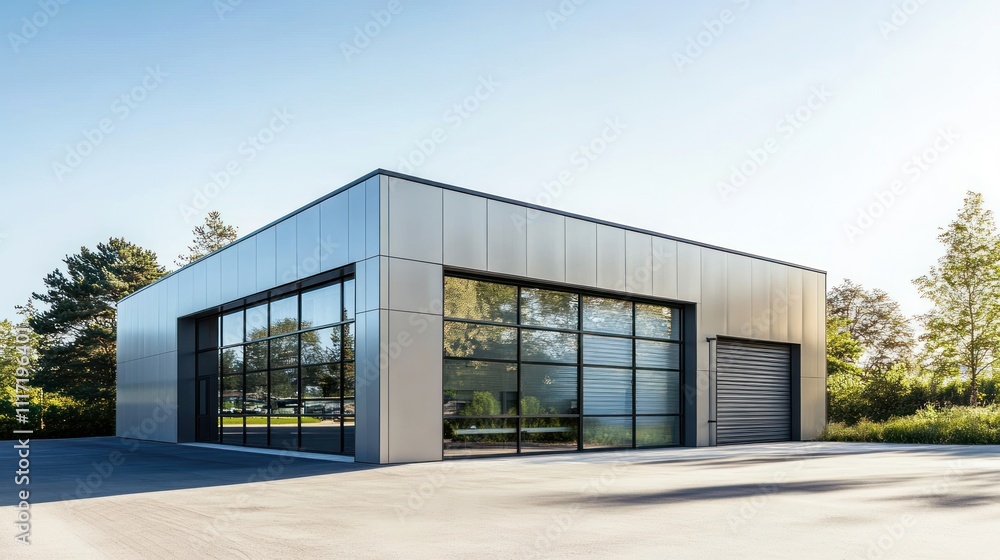 Modern industrial building with large glass windows and metal siding. Modern industrial building with large glass windows and metal siding.