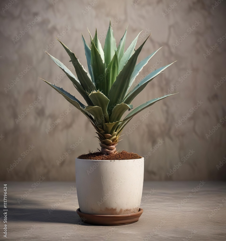 Full view of young or baby Agave Americana Variegata plants in a pot, juvenile succulents, agave americana variegata Full view of young or baby Agave Americana Variegata plants in a pot, juvenile succulents, agave americana variegata