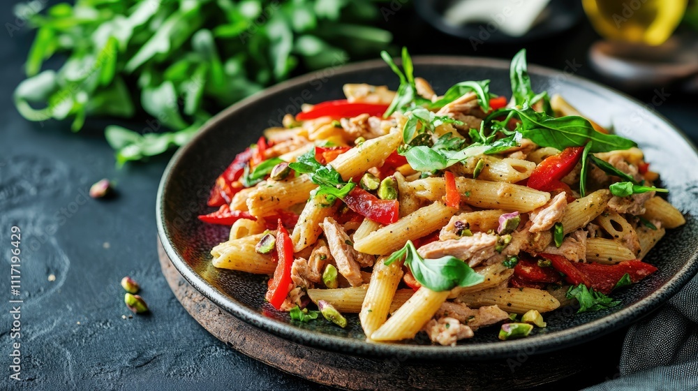 Delicious Penne Pasta with Red Peppers and Fresh Greens on Plate Delicious Penne Pasta with Red Peppers and Fresh Greens on Plate