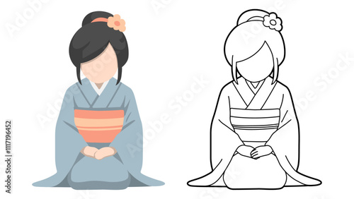 Japanese Woman Wearing Kimono Bowing.