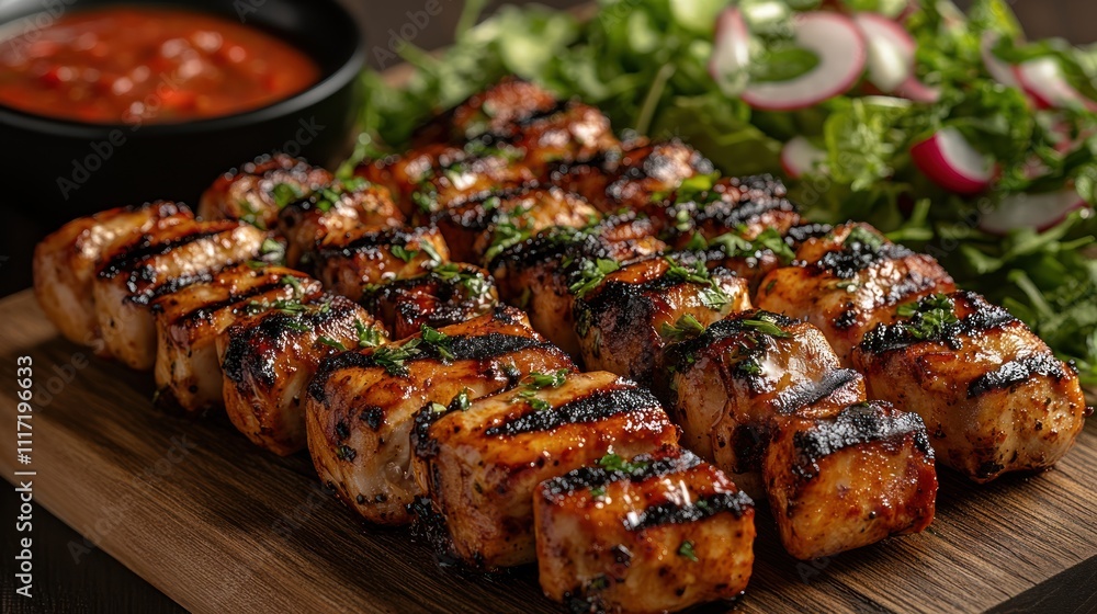 Grilled chicken skewers with fresh salad and spicy sauce. Grilled chicken skewers with fresh salad and spicy sauce.