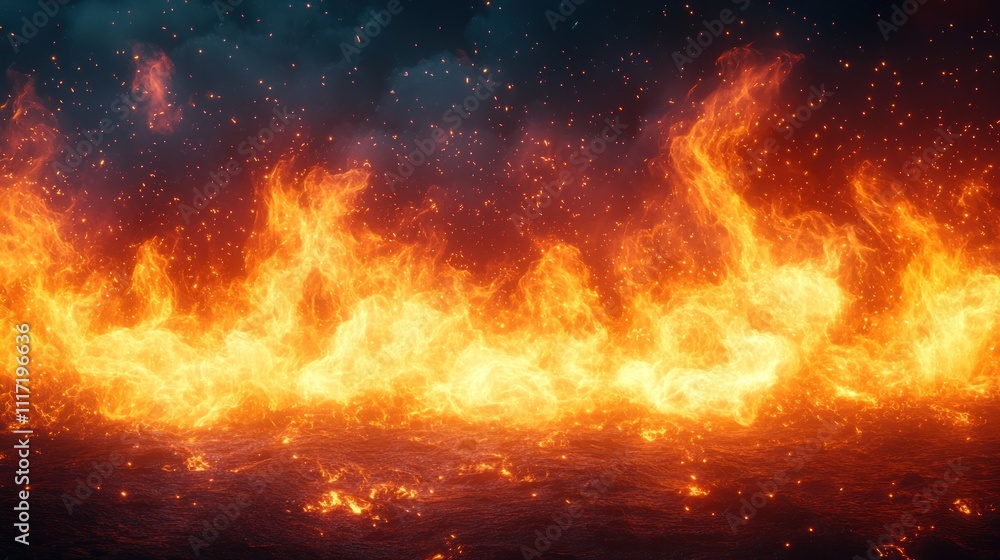 Fiery inferno burning intensely with sparks and smoke, creating a dramatic, dark background. Fiery inferno burning intensely with sparks and smoke, creating a dramatic, dark background.