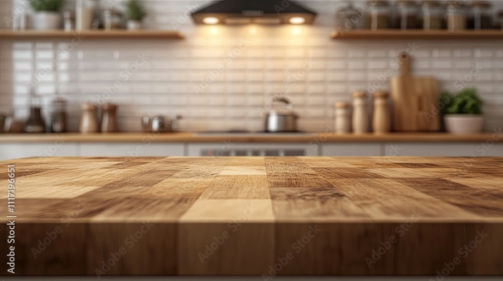 Warm Wooden Kitchen Countertop with Blurred Background Elements Warm Wooden Kitchen Countertop with Blurred Background Elements