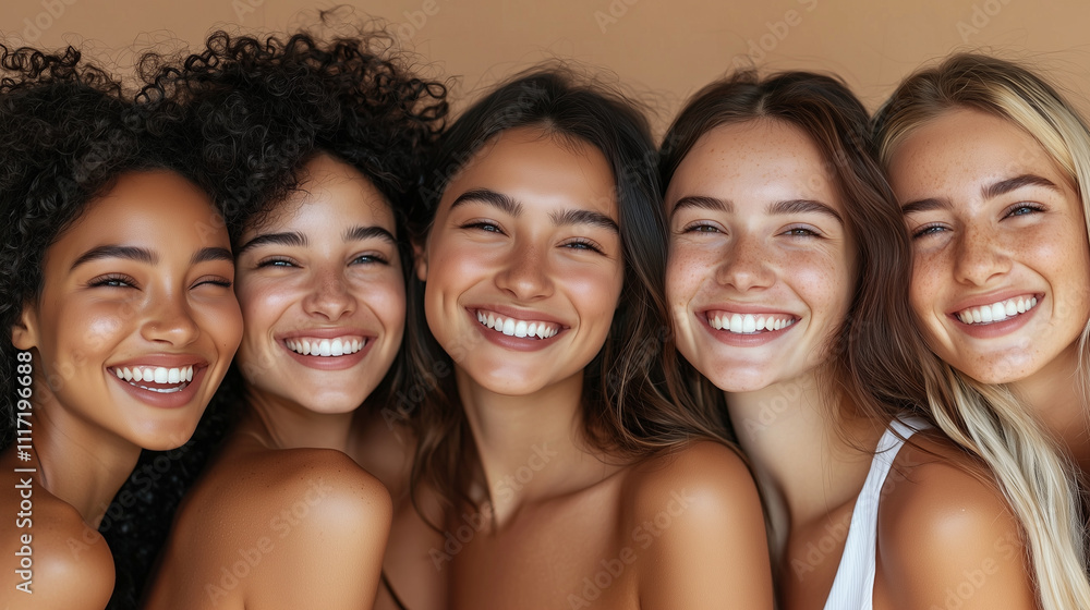 Close-knit group of young women of diverse backgrounds radiating confidence and happiness Close-knit group of young women of diverse backgrounds radiating confidence and happiness