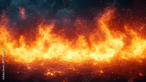 Fiery inferno burning intensely with sparks and smoke, creating a dramatic, dark background.