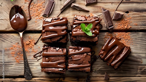 Overhead shot of fudgy brownies drizzled with chocolate, garnished with mint, spoon with hot fudge nearby, set on a wooden background, space for text. photo