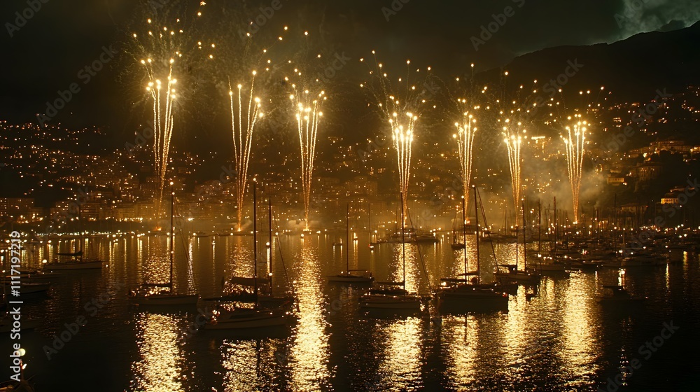 Night fireworks display over harbor with boats. Night fireworks display over harbor with boats.