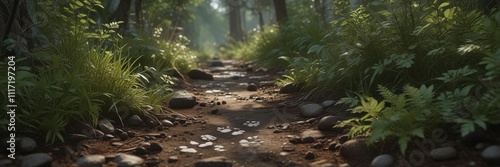 Wolf's paw prints disappearing into the underbrush, underbrush, landscape, paw print trail