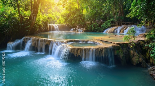 Serene Cascading Waterfalls in Tropical Forest Landscape