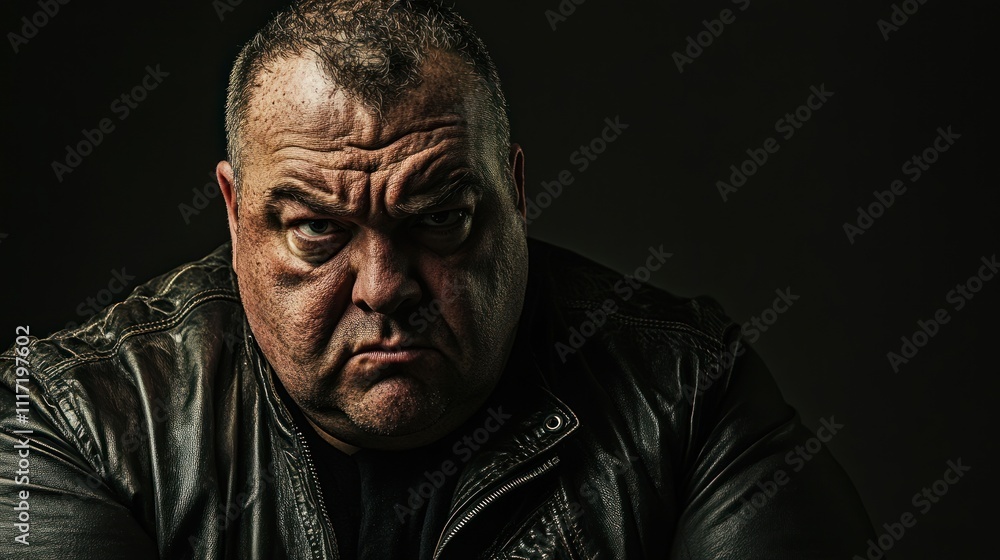 Close-up portrait of a serious, middle-aged man in a leather jacket, against a dark background. Close-up portrait of a serious, middle-aged man in a leather jacket, against a dark background.