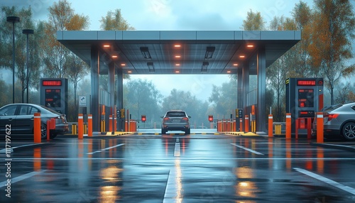 realistic smart parking lot entrance with automated pass system and surveillance photo