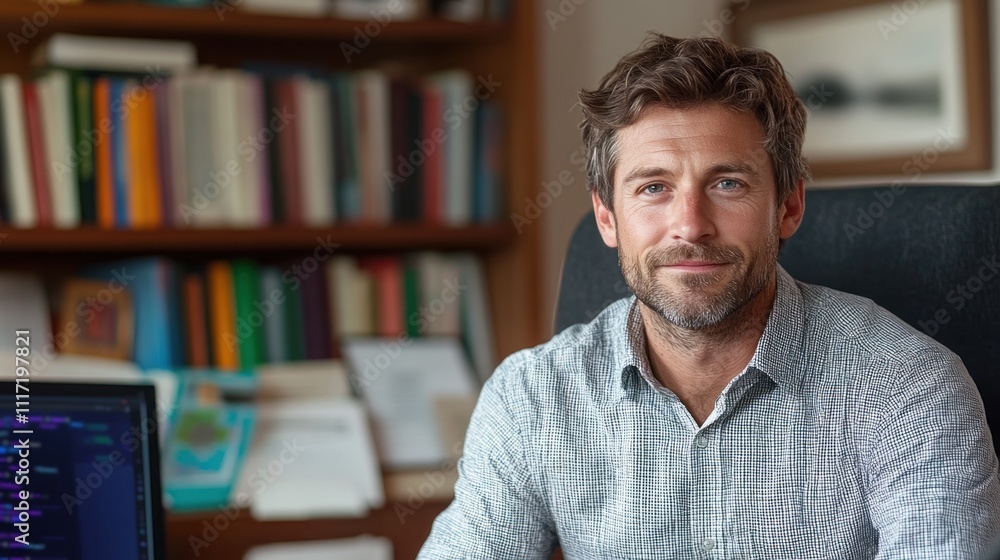 Smiling man sits at home office desk, looking at camera. Smiling man sits at home office desk, looking at camera.