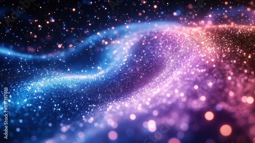 Abstract glowing particles wave, blue and pink glitter texture, cosmic background.