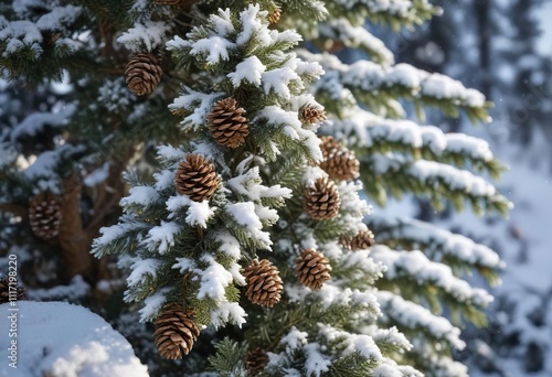 Wallpaper Mural Snow-covered Christmas tree with snowflakes and pinecones, white snow covered tree, snowflake decoration Torontodigital.ca