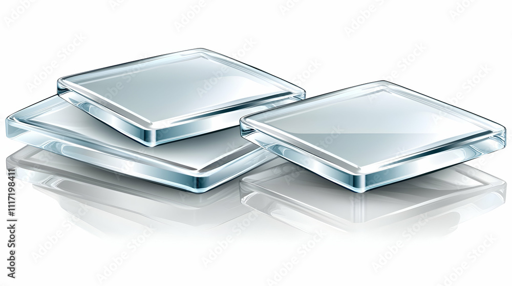 Stack of three transparent glass squares with reflections. Stack of three transparent glass squares with reflections.