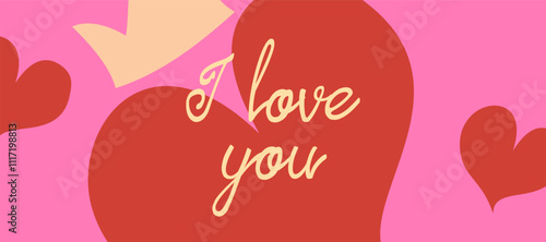 Simple Happy Valentine's Day with pink heart, romantic words in pink color background for sale, advertising, brochures, postcard, greeting card, flyer, banners, social media. Vector illustration.