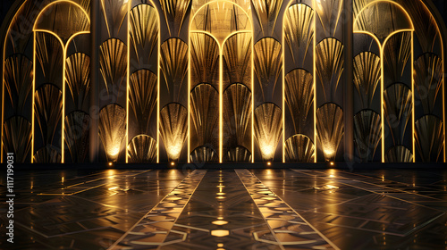 Fototapeta Naklejka Na Ścianę i Meble -  A large, ornate gold wall with a black floor. The wall is decorated with gold leaf and the floor is made of wood. The room is empty and the lighting is bright