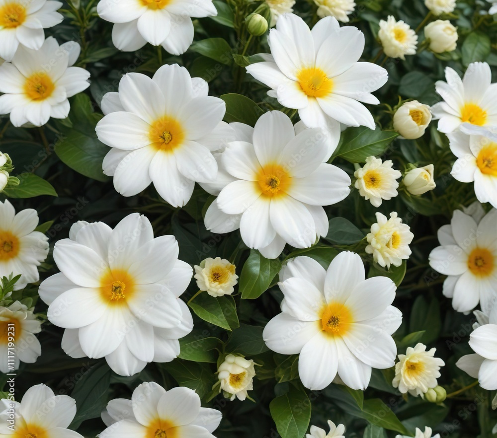 Fototapeta premium Large white flowers with a yellow center on a mature plant against a green background, perennial, floral arrangement