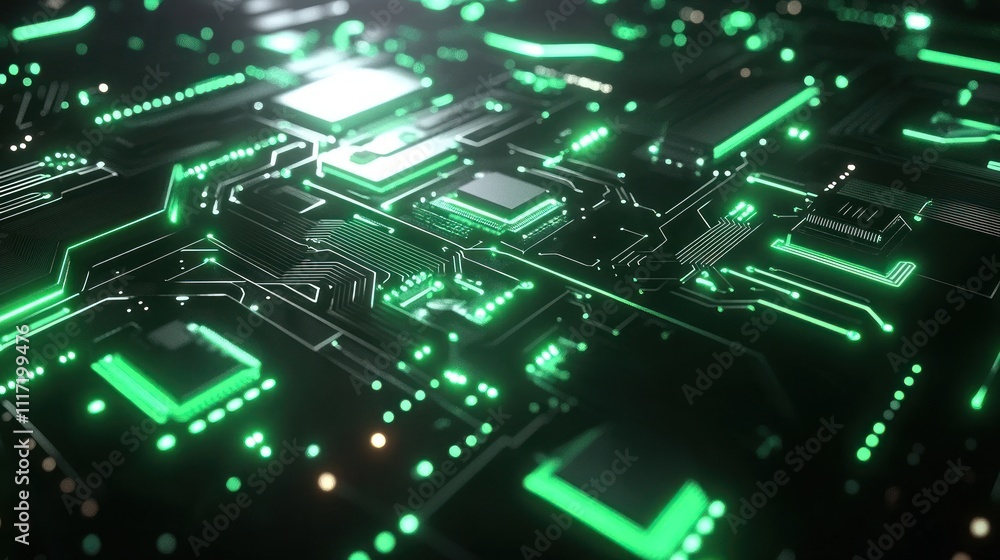 Close-up of a glowing green circuit board with intricate details and illuminated pathways. Close-up of a glowing green circuit board with intricate details and illuminated pathways.