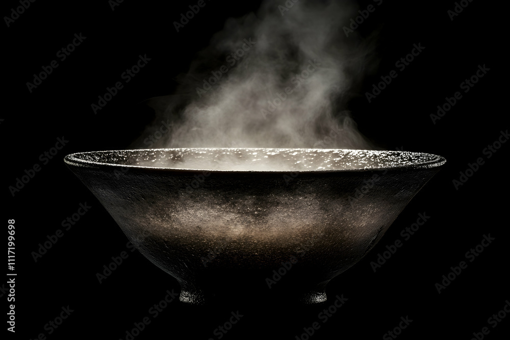 Steaming hot liquid in dark bowl on black background. Steaming hot liquid in dark bowl on black background.