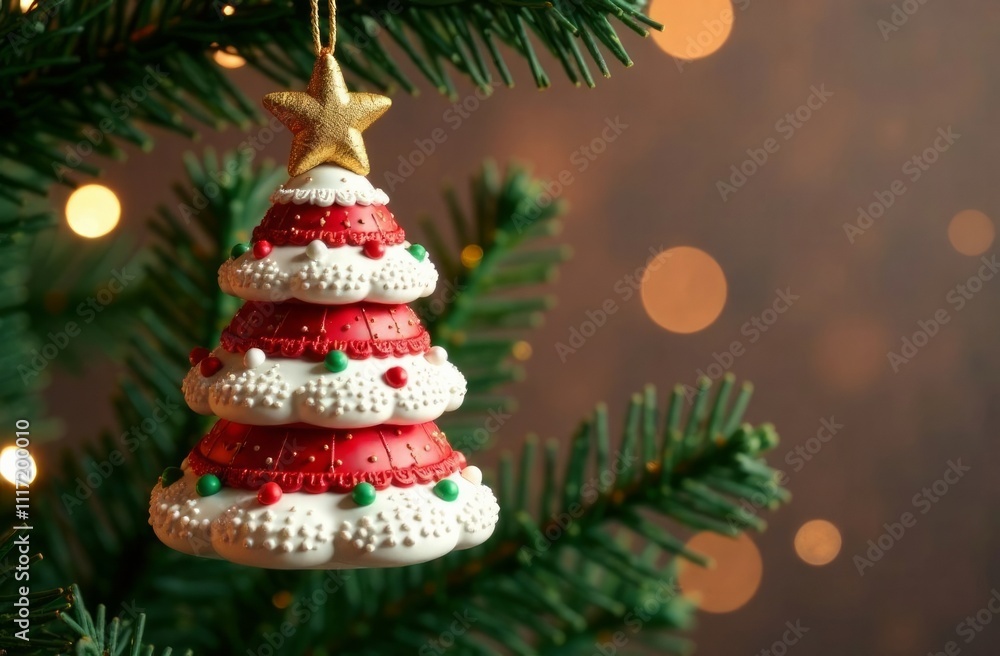 Christmas tree decoration in the form of a white and red fir tree with a golden star hanging on a branch, background with bokeh and copy space. Concept: New Year, holiday celebrations Christmas tree decoration in the form of a white and red fir tree with a golden star hanging on a branch, background with bokeh and copy space. Concept: New Year, holiday celebrations