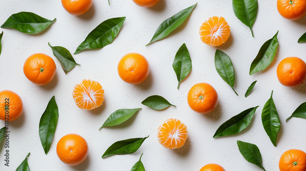 Fresh Mandarin Oranges with Leaves Flat Lay Pattern Fresh Mandarin Oranges with Leaves Flat Lay Pattern