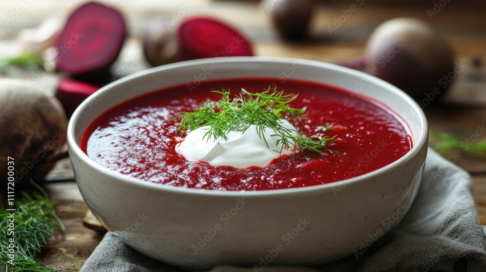 Freshly Prepared Beetroot Soup Garnished with Cream and Herbs Freshly Prepared Beetroot Soup Garnished with Cream and Herbs