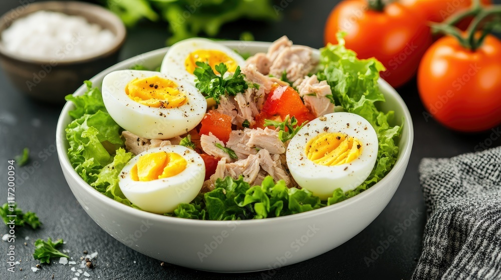 Fresh and Healthy Salad Bowl with Tuna and Boiled Eggs Fresh and Healthy Salad Bowl with Tuna and Boiled Eggs