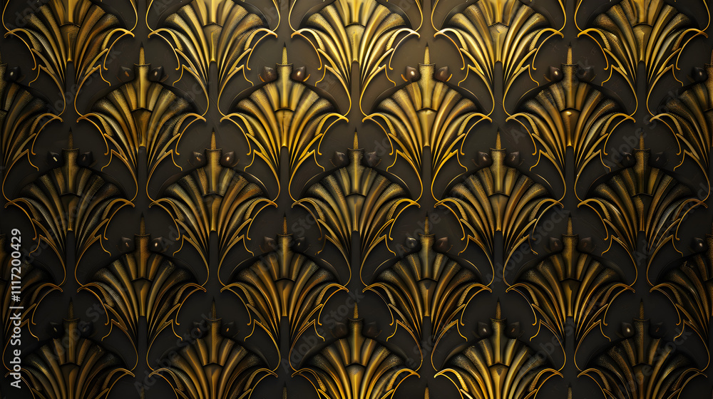 A gold and black patterned wall with a gold leaf design. The pattern is very intricate and detailed A gold and black patterned wall with a gold leaf design. The pattern is very intricate and detailed