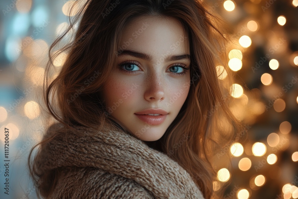 Portrait of a beautiful young woman with long brown hair and blue eyes, wearing a cozy knit scarf against a bokeh background of warm lights. Portrait of a beautiful young woman with long brown hair and blue eyes, wearing a cozy knit scarf against a bokeh background of warm lights.